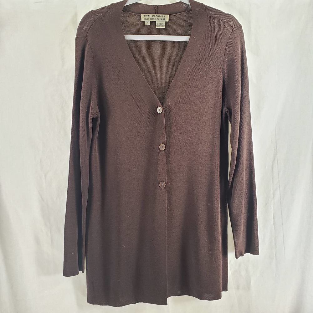 Real Clothes by Saks Fifth Avenue Size M Brown Wool Lagenlook Long Line Cardigan